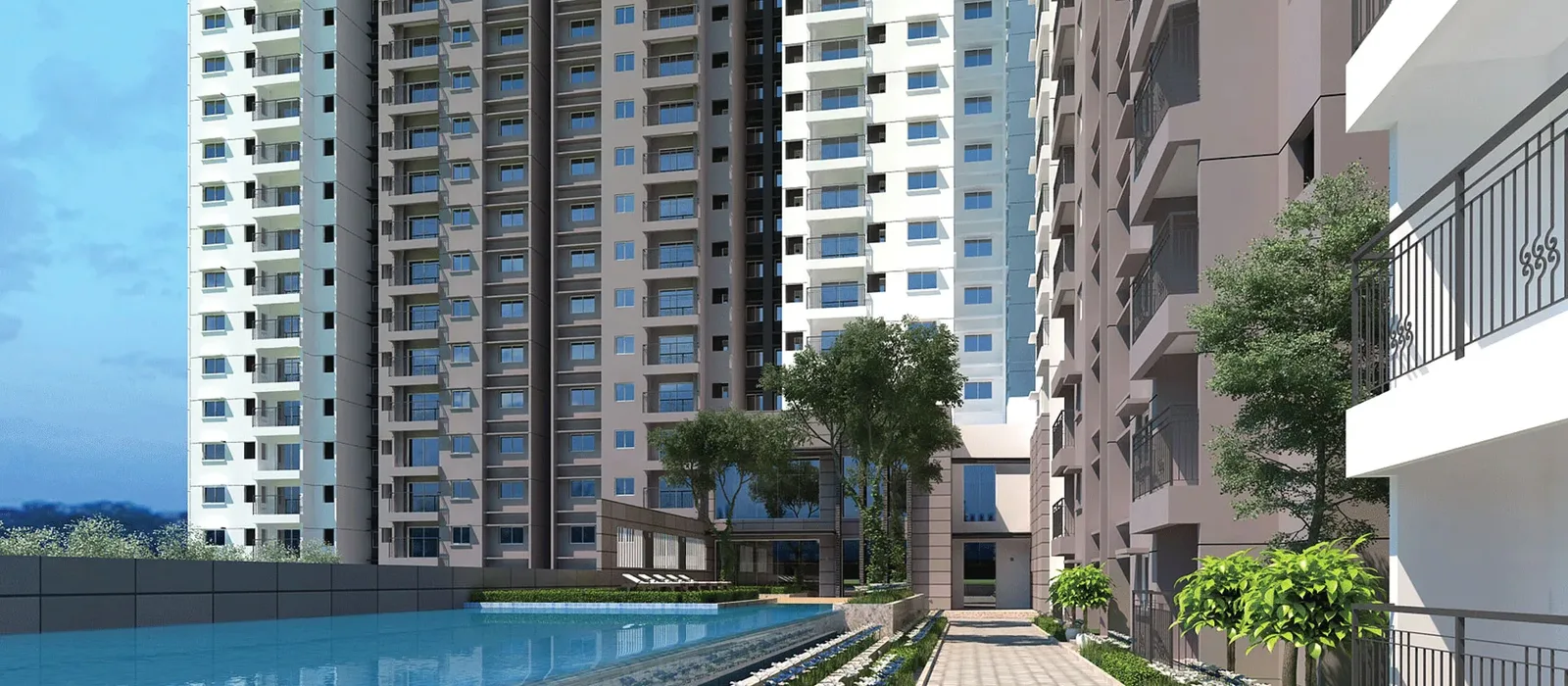 Prestige Tellapur swimming pool and towers at dusk