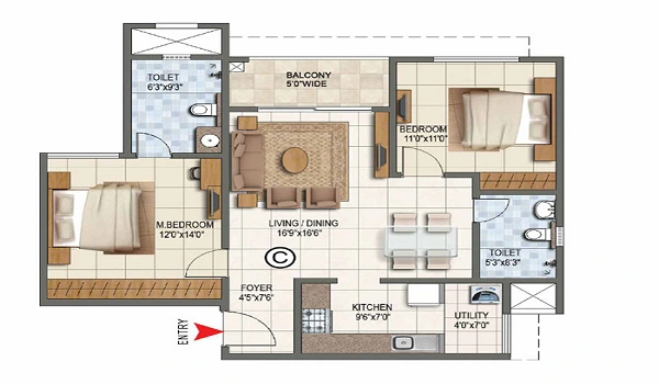 2 BHK, 1,169 – 1,281 sq.ft. floor plan at Prestige Tellapur
