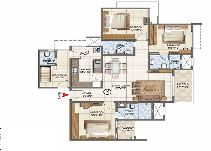 3 BHK, 1,516 - 2,462 sq.ft. floor plan at Prestige Tellapur